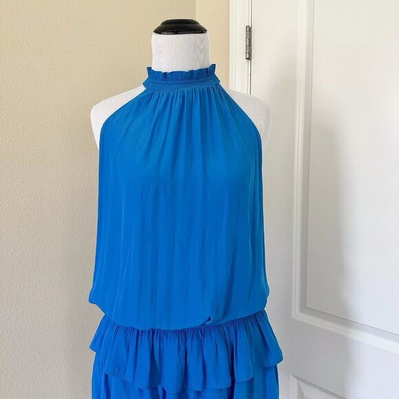 Ramy Brook Ruffle Tiered Blue Mini Dress Halter Neck Size L - Picture 4 of 9